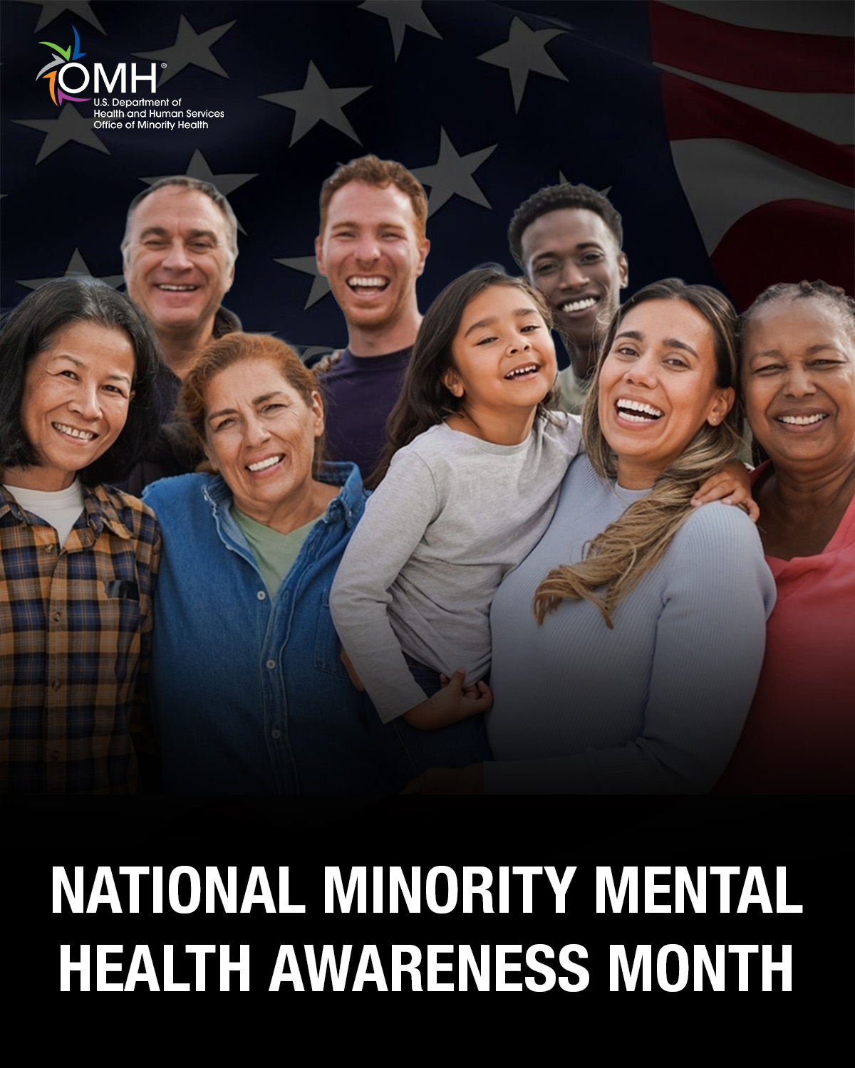 National Minority Mental Health Awareness Month with a diverse group of people smiling in the background