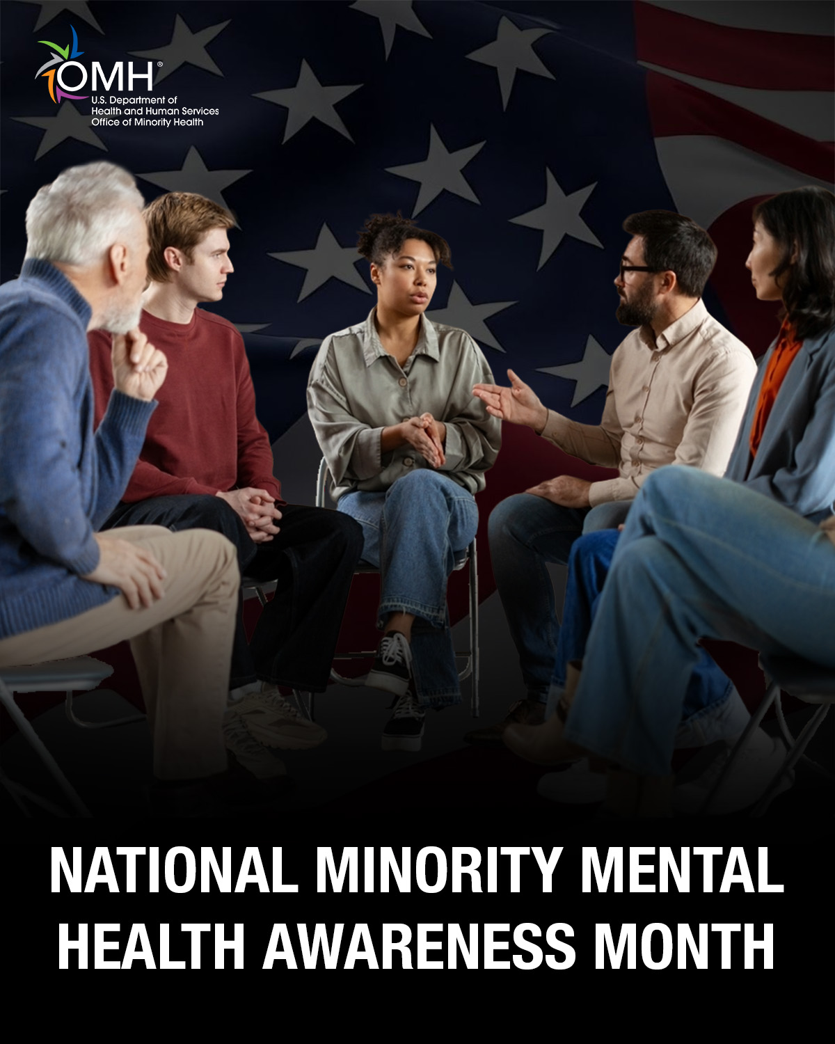 National Minority Mental Health Awareness Month with a group of diverse individuals having a seated discussion in the background
