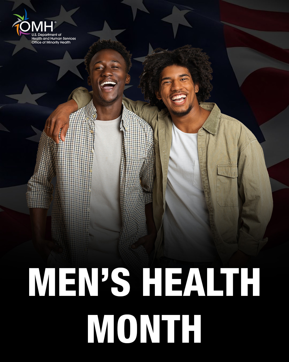 Men's Health Month with portrait of 2 men smiling at the camera. OMH logo